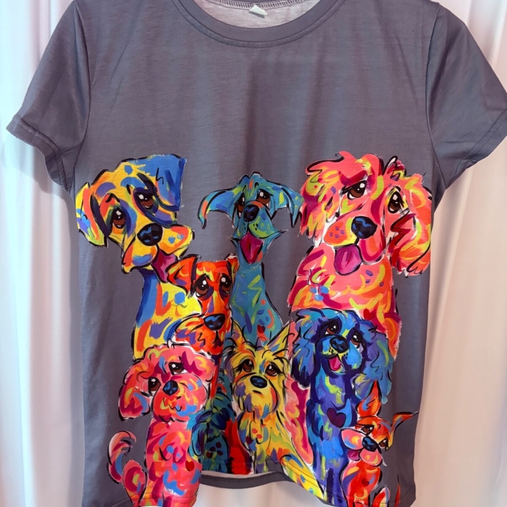 Colorful Cartoon Dog Print Women's T-shirt. - Medium - Polyester - Cap Sleeves